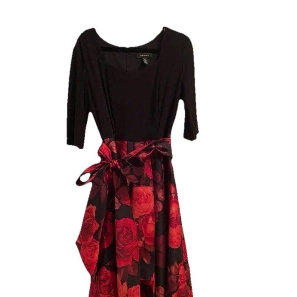 R&M Richards Women's Black Red Floral Fit & Flare Midi Dress 3/4 Sleeve Belt 18